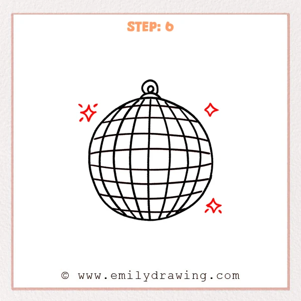 how to draw a disco ball - A finished disco ball grid with small sparkle stars added around it to show shine.